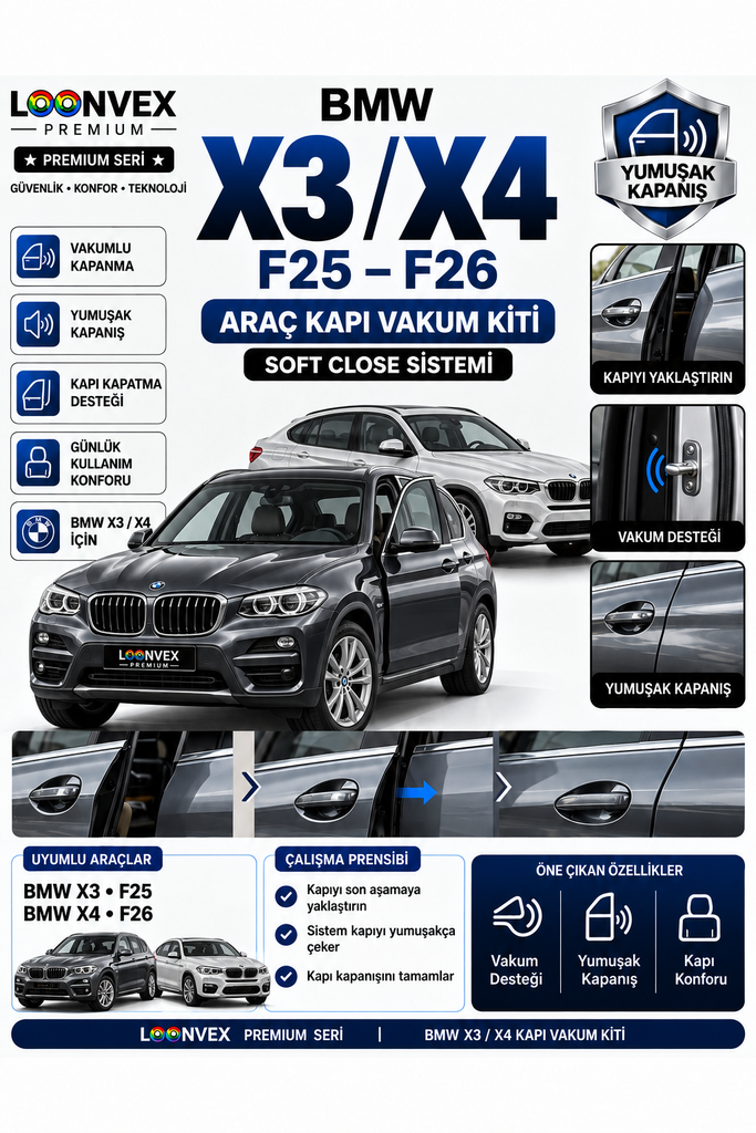 LOONVEX BMW X3 / X4 Serisi (F25–F26) Araç Kapı Vakum Kiti – Soft Close
