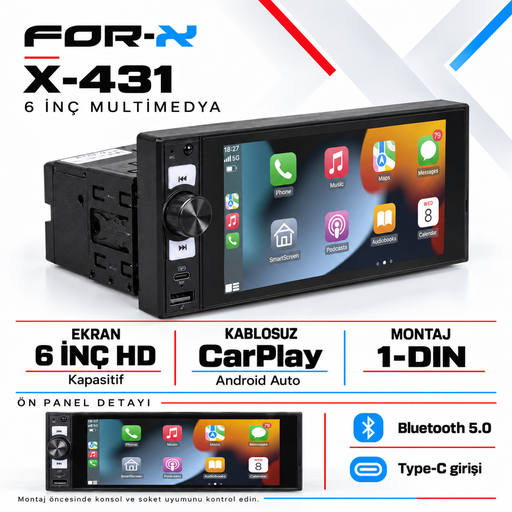 For-X X-431 6 İnç Kablosuz CarPlay ve Android Auto Multimedya