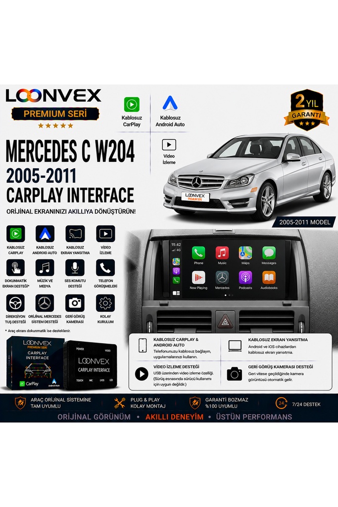 LOONVEX Premium Mercedes C Serisi W204 2005-2011 CarPlay Interface – Kablosuz CarPlay & Android Auto