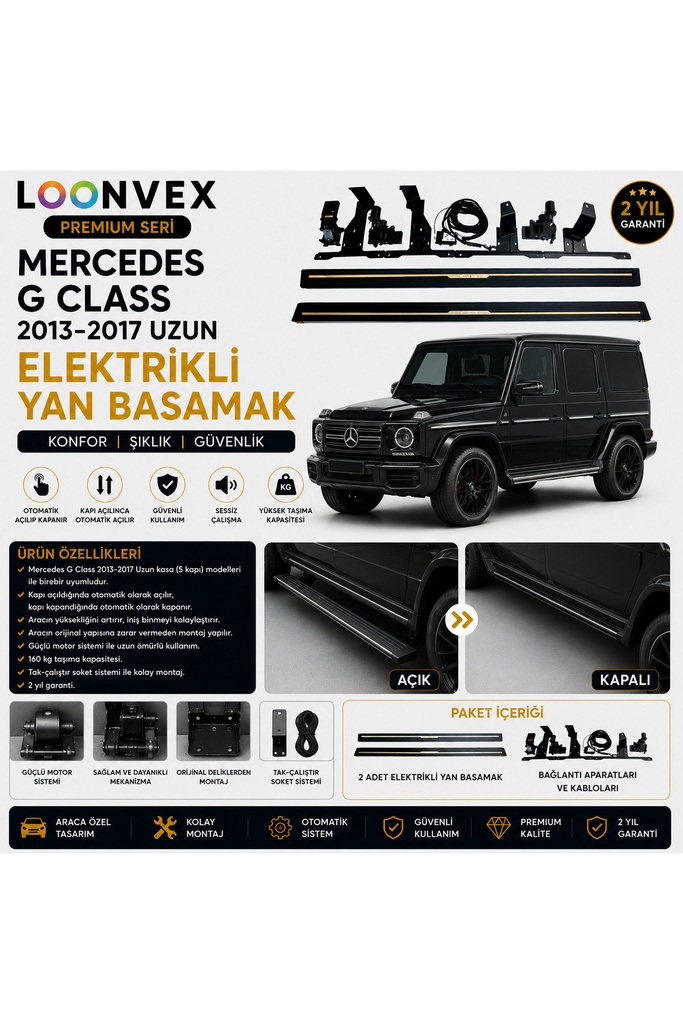 LOONVEX Premium Mercedes G Class 2013-2017 Uzun Kasa Elektrikli Yan Basamak Otomatik Açılır Kapanır