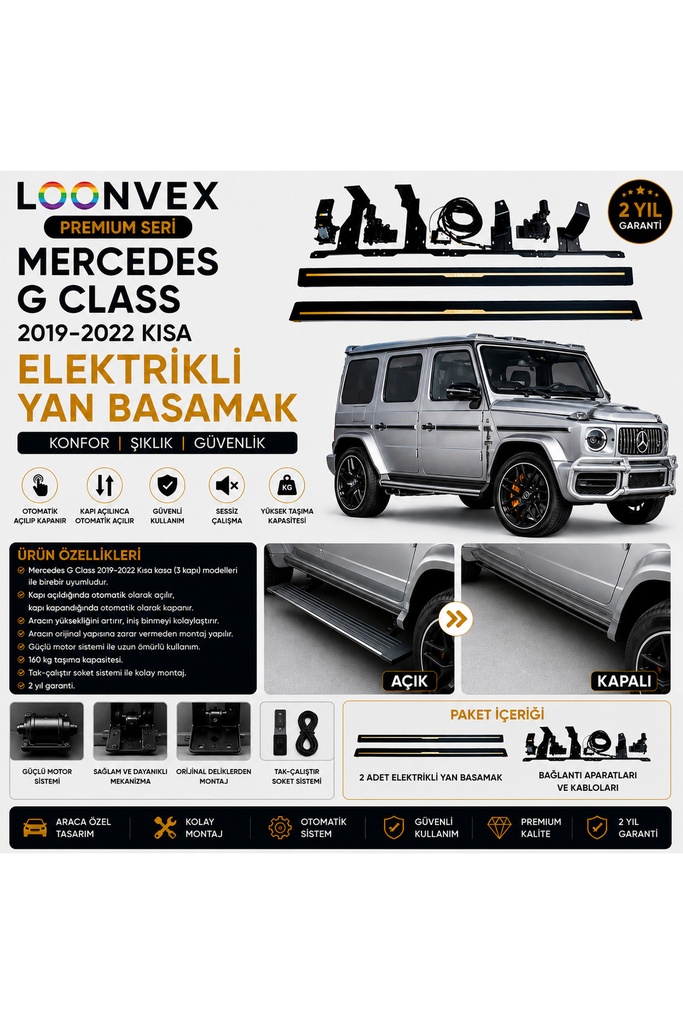 LOONVEX Premium Mercedes G Class 2019-2022 Kısa Kasa Elektrikli Yan Basamak Otomatik Açılır Kapanır