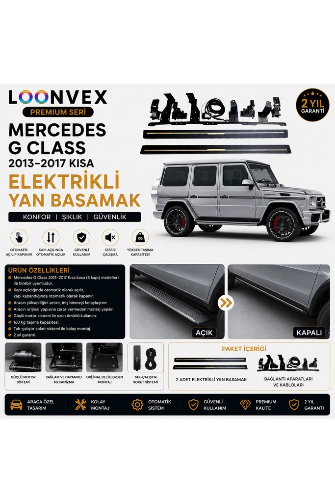 LOONVEX Premium Mercedes G Class 2013-2017 Kısa Kasa Elektrikli Yan Basamak Otomatik Açılır Kapanır