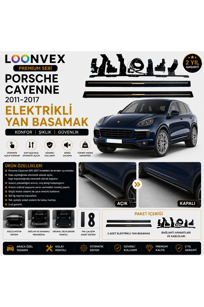 LOONVEX Premium Porsche Cayenne 2011-2017 Elektrikli Yan Basamak Otomatik Açılır Kapanır