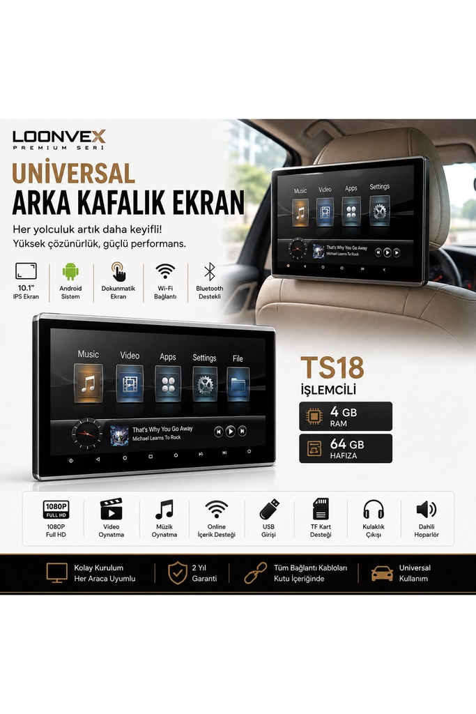 LOONVEX Premium Universal Arka Kafalık Ekran TS18 4 GB RAM 64 GB Hafıza
