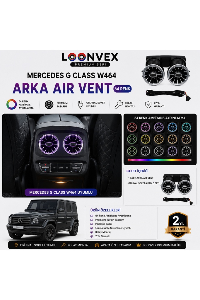 LOONVEX Premium Mercedes G Class W464 Arka Air Vent 64 Renk Ambiyans Aydınlatmalı Set