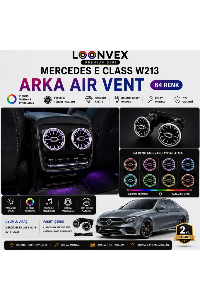 LOONVEX Premium Mercedes E Class W213 Arka Air Vent 64 Renk Ambiyans Aydınlatmalı Havalandırma Seti