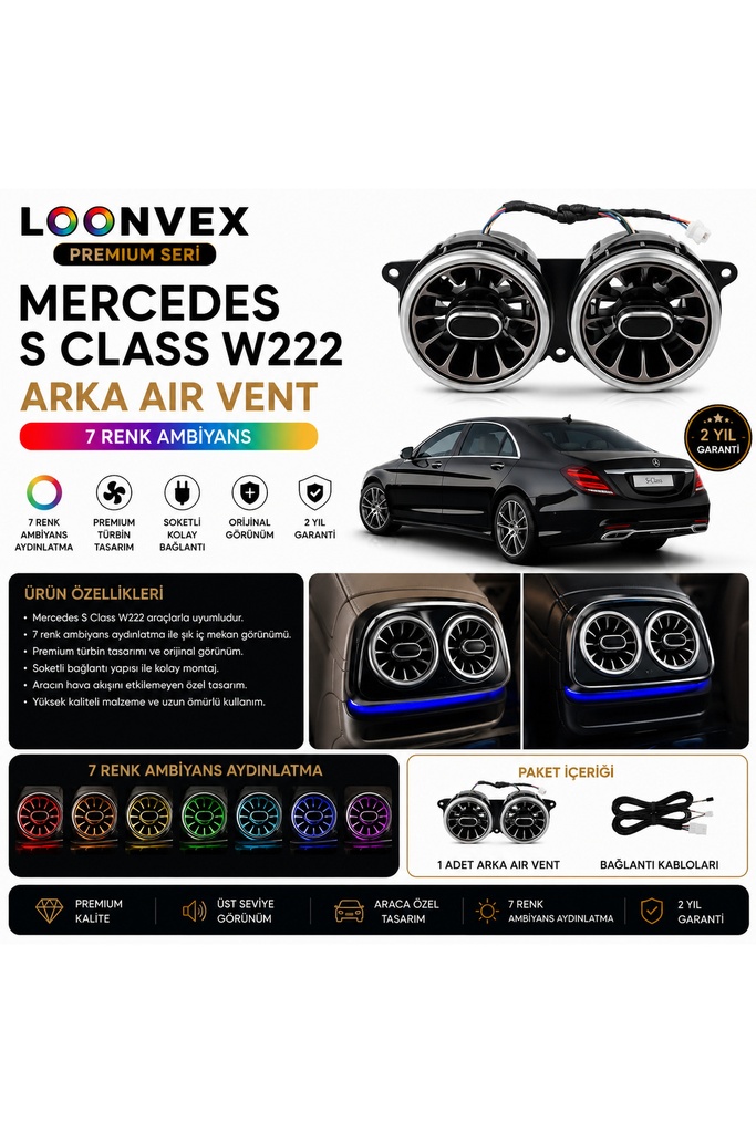 LOONVEX Premium Mercedes S Class W222 Arka Air Vent 7 Renk Ambiyans Aydınlatmalı Set
