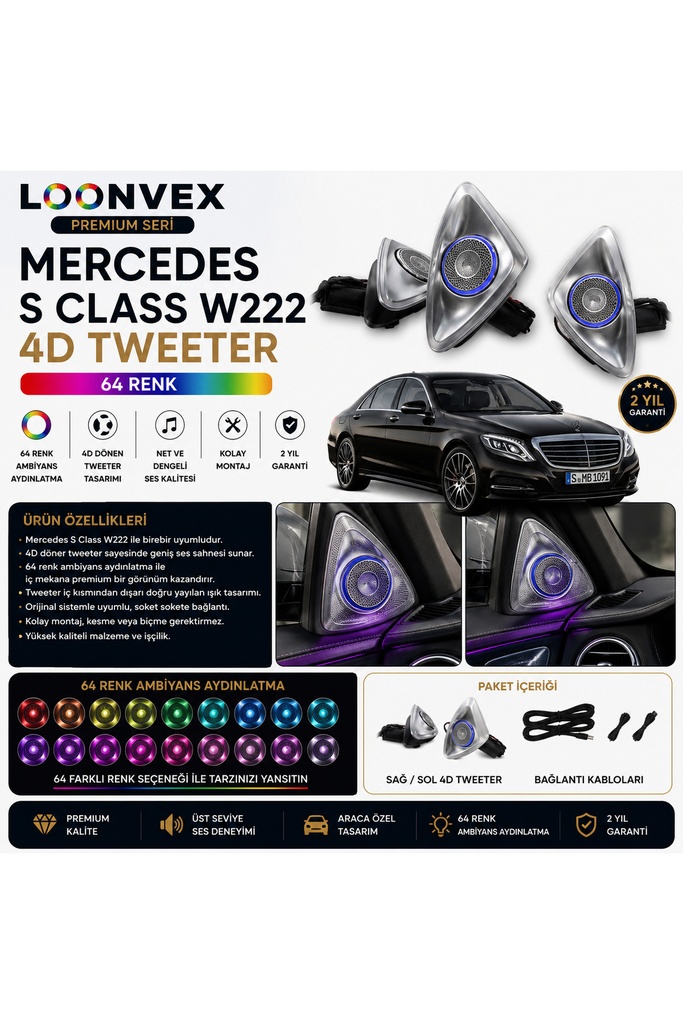 LOONVEX Premium Mercedes S Class W222 4D Tweeter 64 Renk Ambiyans Aydınlatmalı Set