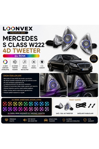 LOONVEX Premium Mercedes S Class W222 4D Tweeter 64 Renk Ambiyans Aydınlatmalı Set