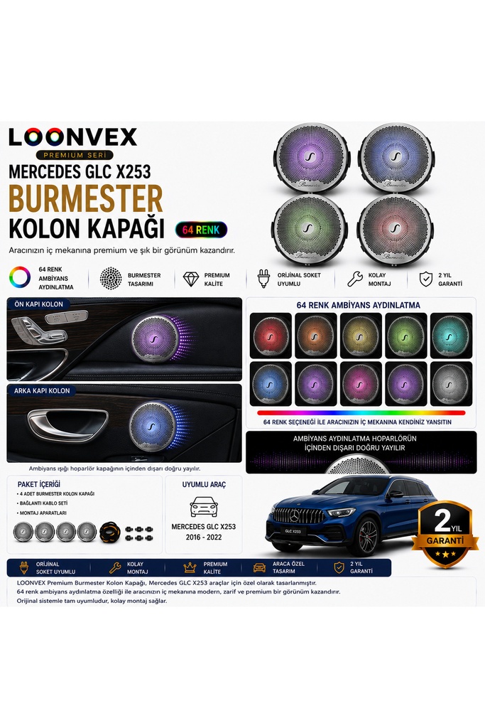 LOONVEX Premium Mercedes GLC X253 Burmester Kolon Kapağı 64 Renk Ambiyans Aydınlatmalı Set