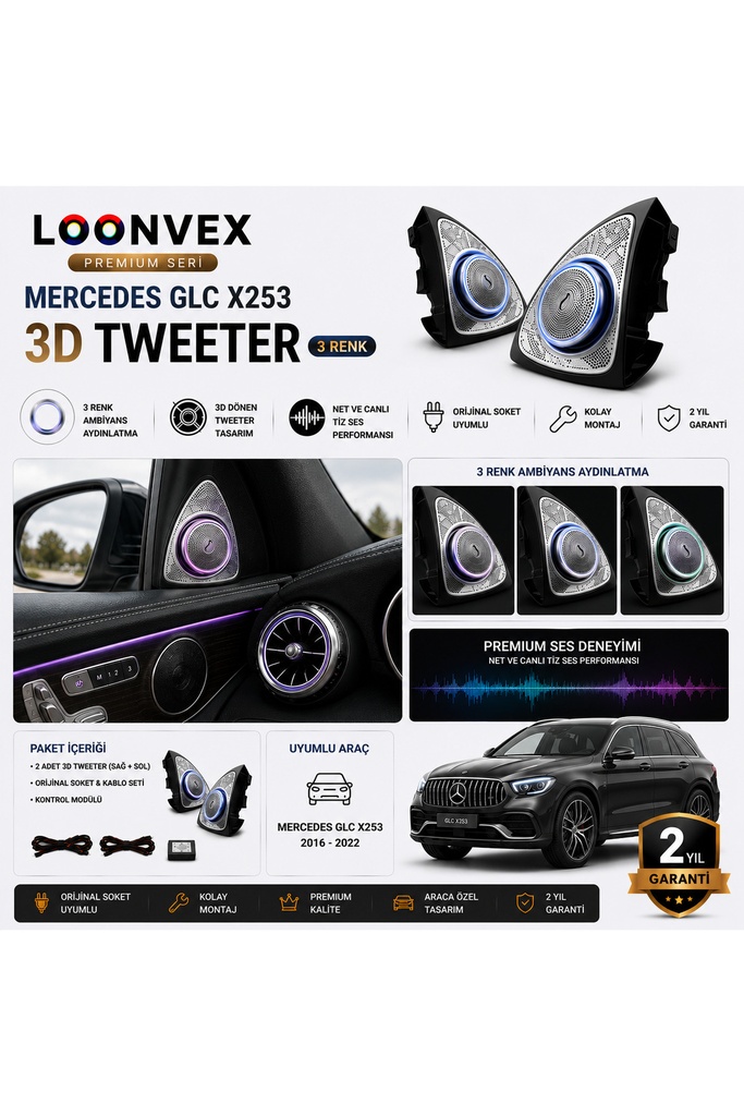 LOONVEX Premium Mercedes GLC X253 3D Tweeter 3 Renk Premium Hoparlör Seti