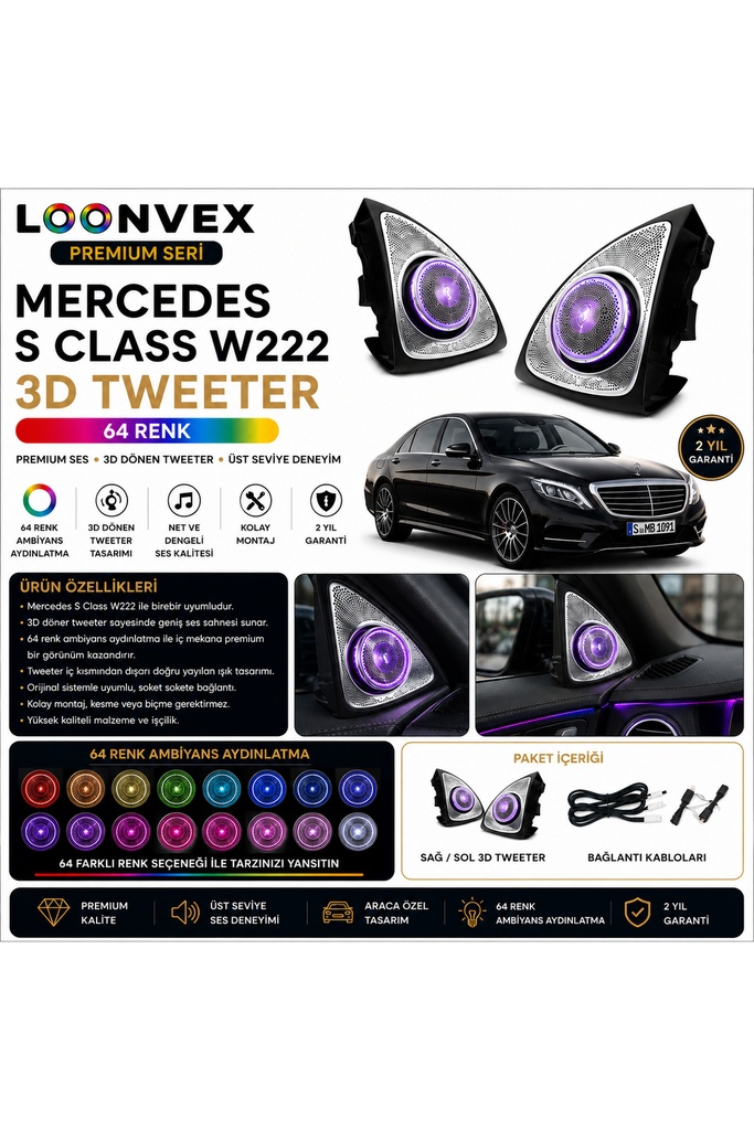 LOONVEX Premium Mercedes S Class W222 3D Tweeter 64 Renk Ambiyans Aydınlatmalı Set