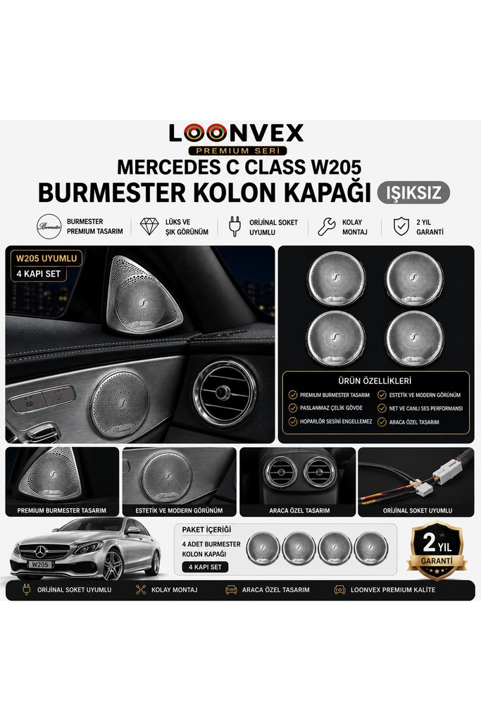 LOONVEX Premium Mercedes C Class W205 Burmester Kolon Kapağı Işıksız 4 Kapı Set