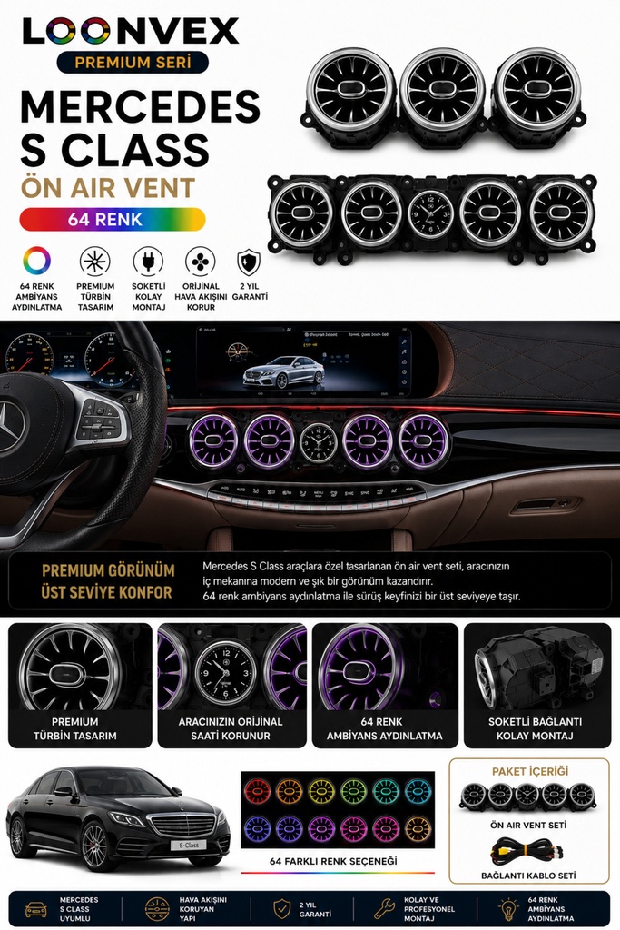 LOONVEX Premium Mercedes S Class Ön Air Vent 64 Renk Ambiyans Aydınlatmalı Set