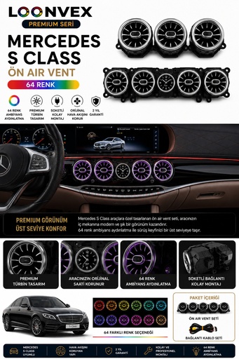 LOONVEX Premium Mercedes S Class Ön Air Vent 64 Renk Ambiyans Aydınlatmalı Set