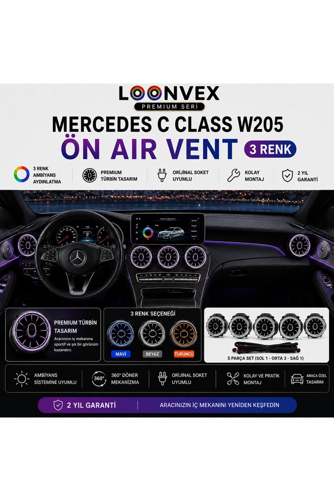 LOONVEX Premium Mercedes C Class W205 Ön Air Vent 3 Renk Ambiyans Aydınlatmalı 5 Parça Set