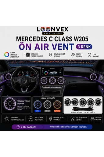 LOONVEX Premium Mercedes C Class W205 Ön Air Vent 3 Renk Ambiyans Aydınlatmalı 5 Parça Set