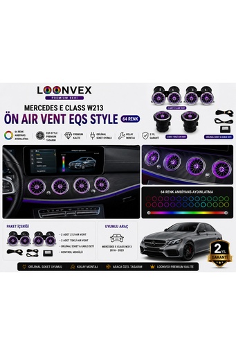 LOONVEX Premium Mercedes E Class W213 Ön Air Vent EQS Style 64 Renk Ambiyans Aydınlatmalı Set