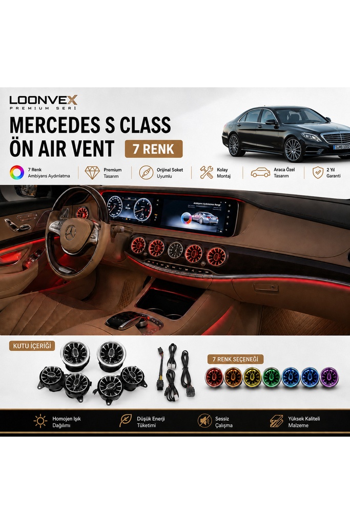 LOONVEX Premium Mercedes S Class Ön Air Vent 7 Renk Ambiyans Aydınlatmalı Set