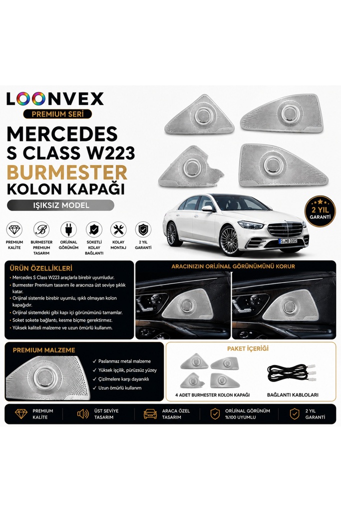 LOONVEX Premium Mercedes S Class W223 Burmester Kolon Kapağı Işıksız 4 Parça Set