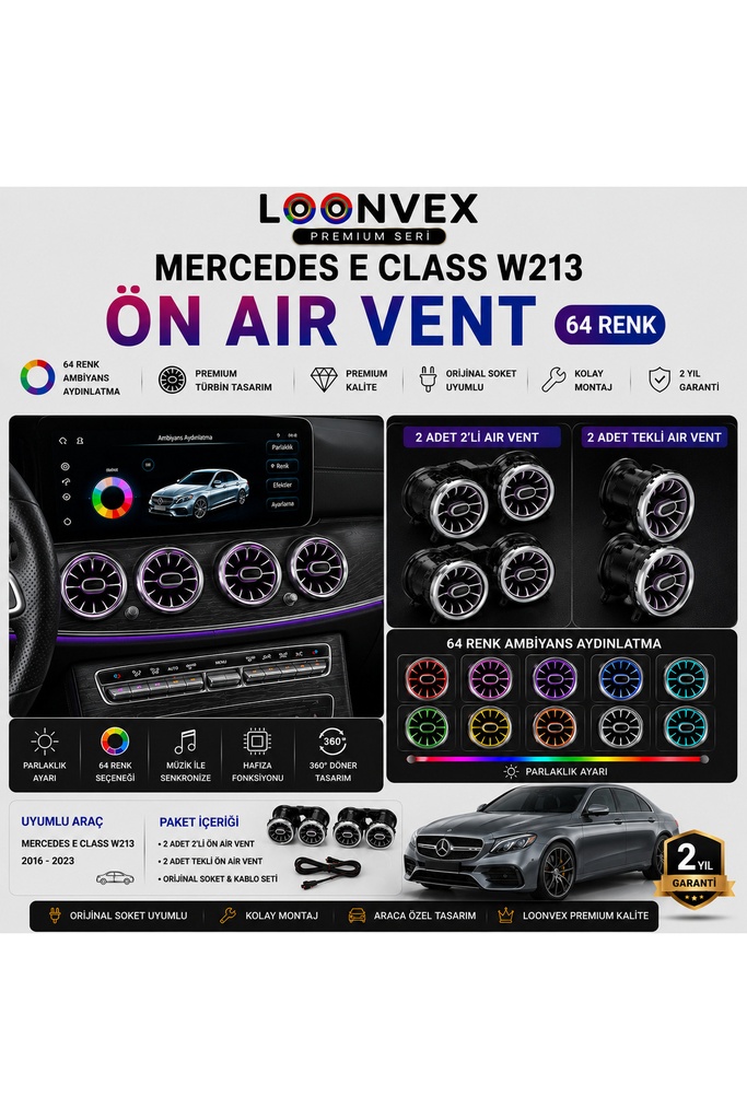 LOONVEX Premium Mercedes E Class W213 Ön Air Vent 64 Renk Ambiyans Aydınlatmalı Set