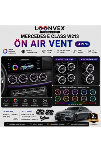 LOONVEX Premium Mercedes E Class W213 Ön Air Vent 64 Renk Ambiyans Aydınlatmalı Set