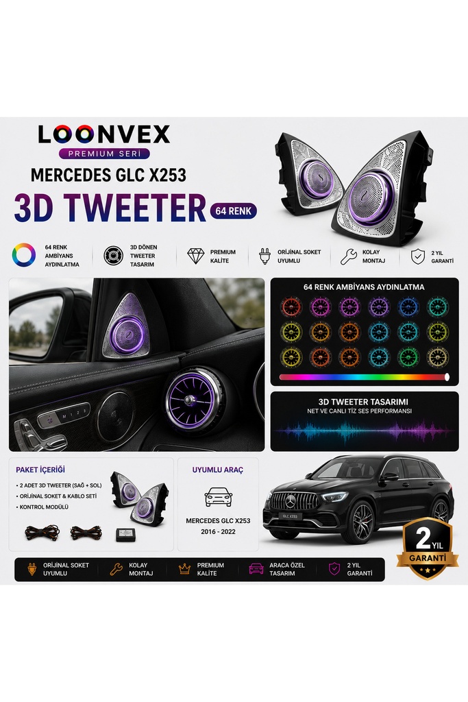 LOONVEX Premium Mercedes GLC X253 3D Tweeter 64 Renk Ambiyans Aydınlatmalı Set