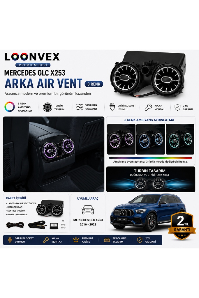 LOONVEX Premium Mercedes GLC X253 Arka Air Vent 3 Renk Ambiyans Aydınlatmalı Set
