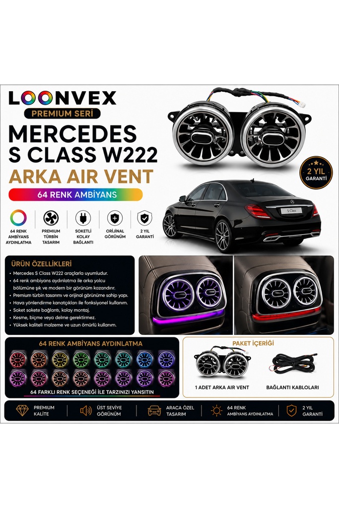 LOONVEX Premium Mercedes S Class W222 Arka Air Vent 64 Renk Ambiyans Aydınlatmalı Set
