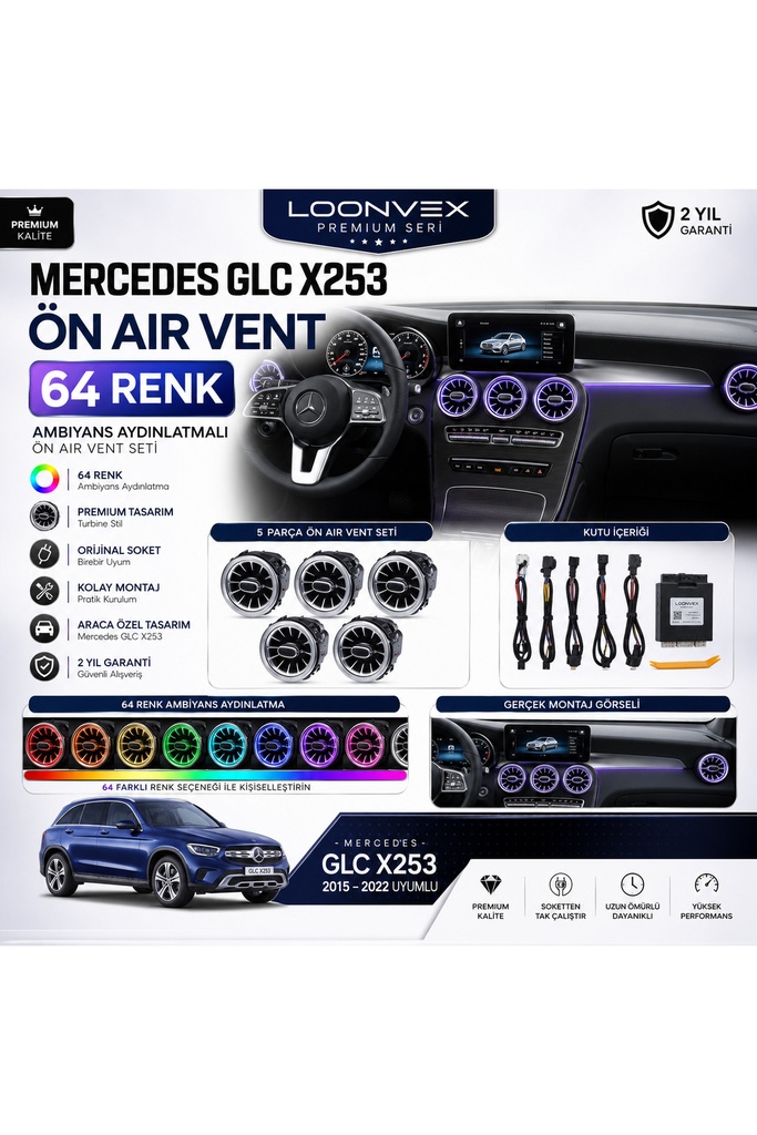 LOONVEX Premium Mercedes GLC X253 Ön Air Vent 64 Renk Ambiyans Aydınlatmalı 5 Parça Set