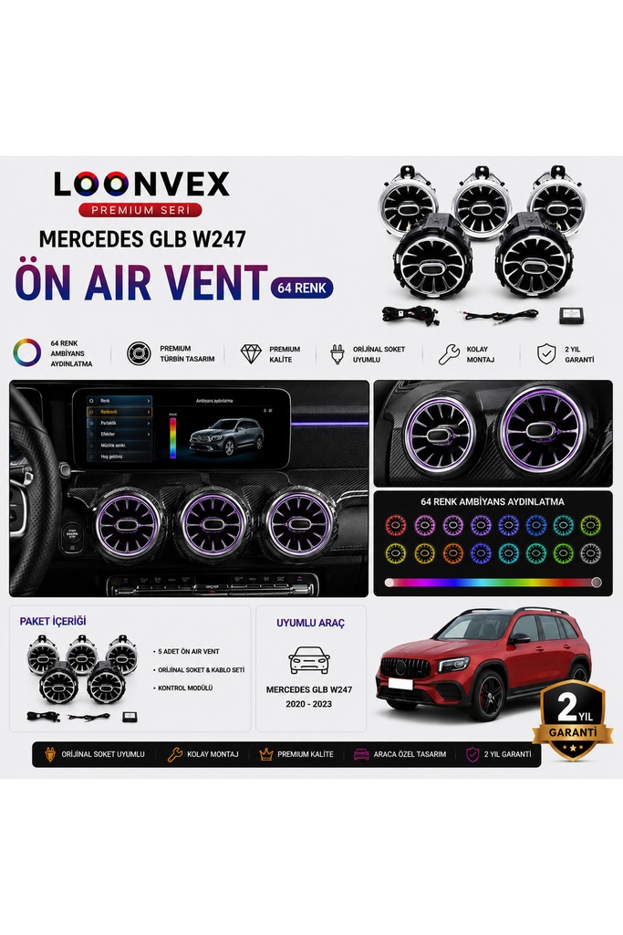 LOONVEX Premium Mercedes GLB W247 Ön Air Vent 64 Renk Ambiyans Aydınlatmalı 5 Parça Set