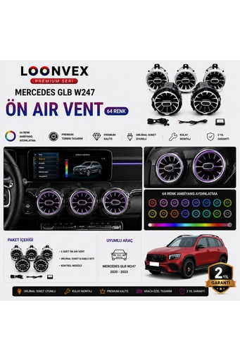 LOONVEX Premium Mercedes GLB W247 Ön Air Vent 64 Renk Ambiyans Aydınlatmalı 5 Parça Set