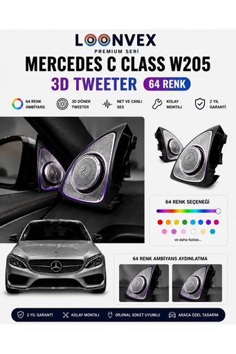 LOONVEX Premium Mercedes C Class W205 3D Tweeter 64 Renk Ambiyans Aydınlatmalı Hoparlör Seti