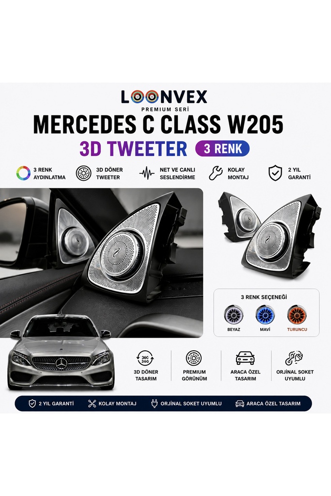 LOONVEX Premium Mercedes C Class W205 3D Tweeter 3 Renk Aydınlatmalı Hoparlör Seti