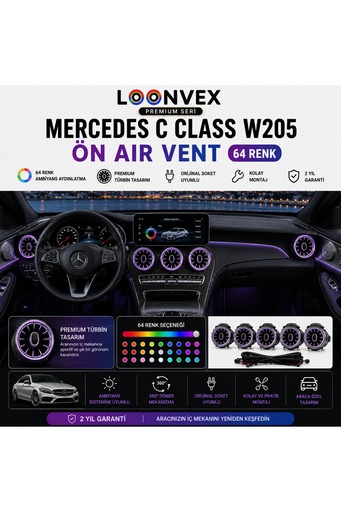 LOONVEX Premium Mercedes C Class W205 Ön Air Vent 64 Renk Ambiyans Aydınlatmalı Havalandırma Seti