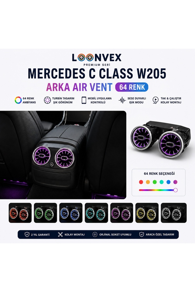 LOONVEX Premium Mercedes C Class W205 Arka Air Vent 64 Renk Ambiyans Aydınlatmalı Havalandırma