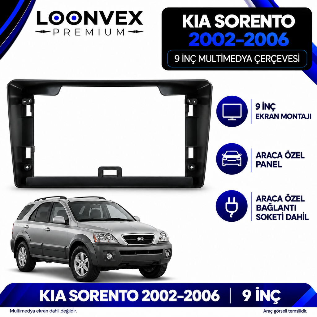 LOONVEX Kia Sorento 2002–2006 9 İnç Multimedya Çerçeve + Soket Seti