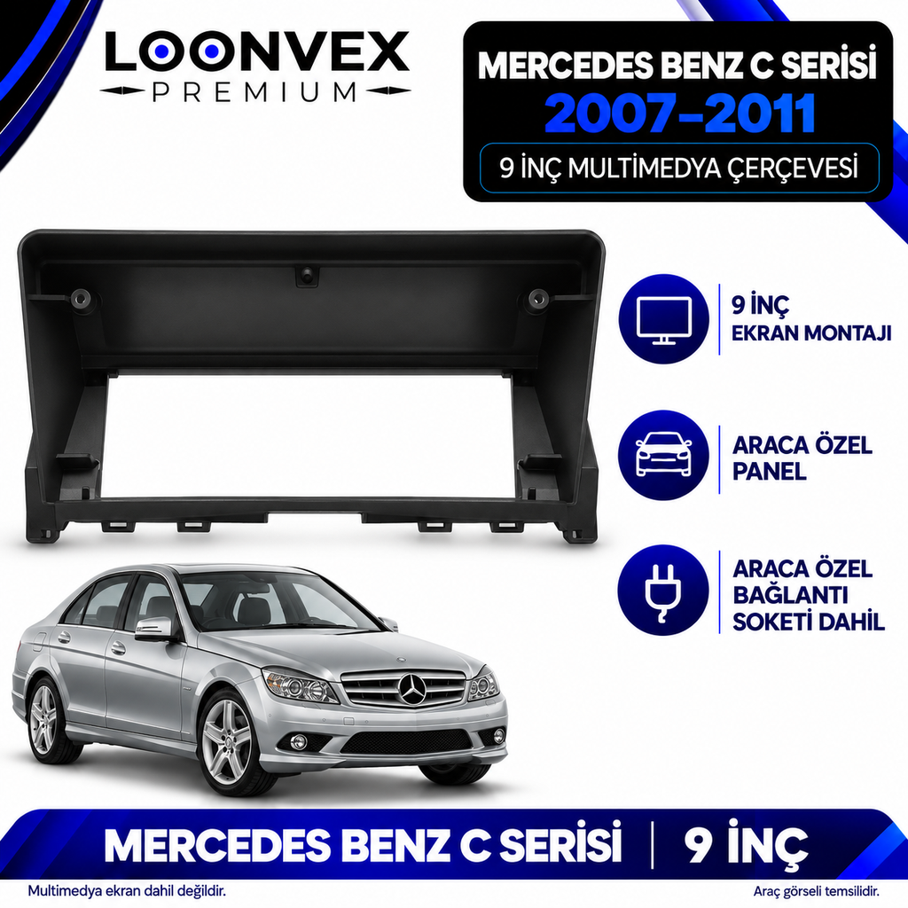 LOONVEX Mercedes Benz C Serisi 2007–2011 9 İnç Multimedya Çerçeve + Soket Seti