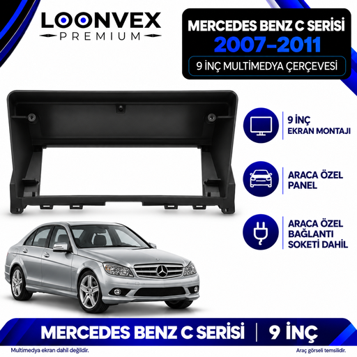 LOONVEX Mercedes Benz C Serisi 2007–2011 9 İnç Multimedya Çerçeve + Soket Seti