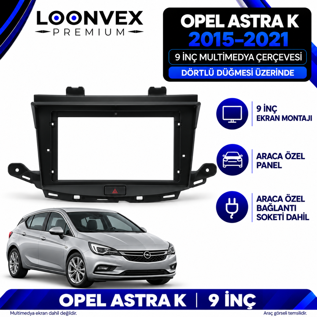 LOONVEX Opel Astra K 2015–2021 9 İnç Multimedya Çerçeve + Soket Seti — Dörtlü düğmesi üzerinde