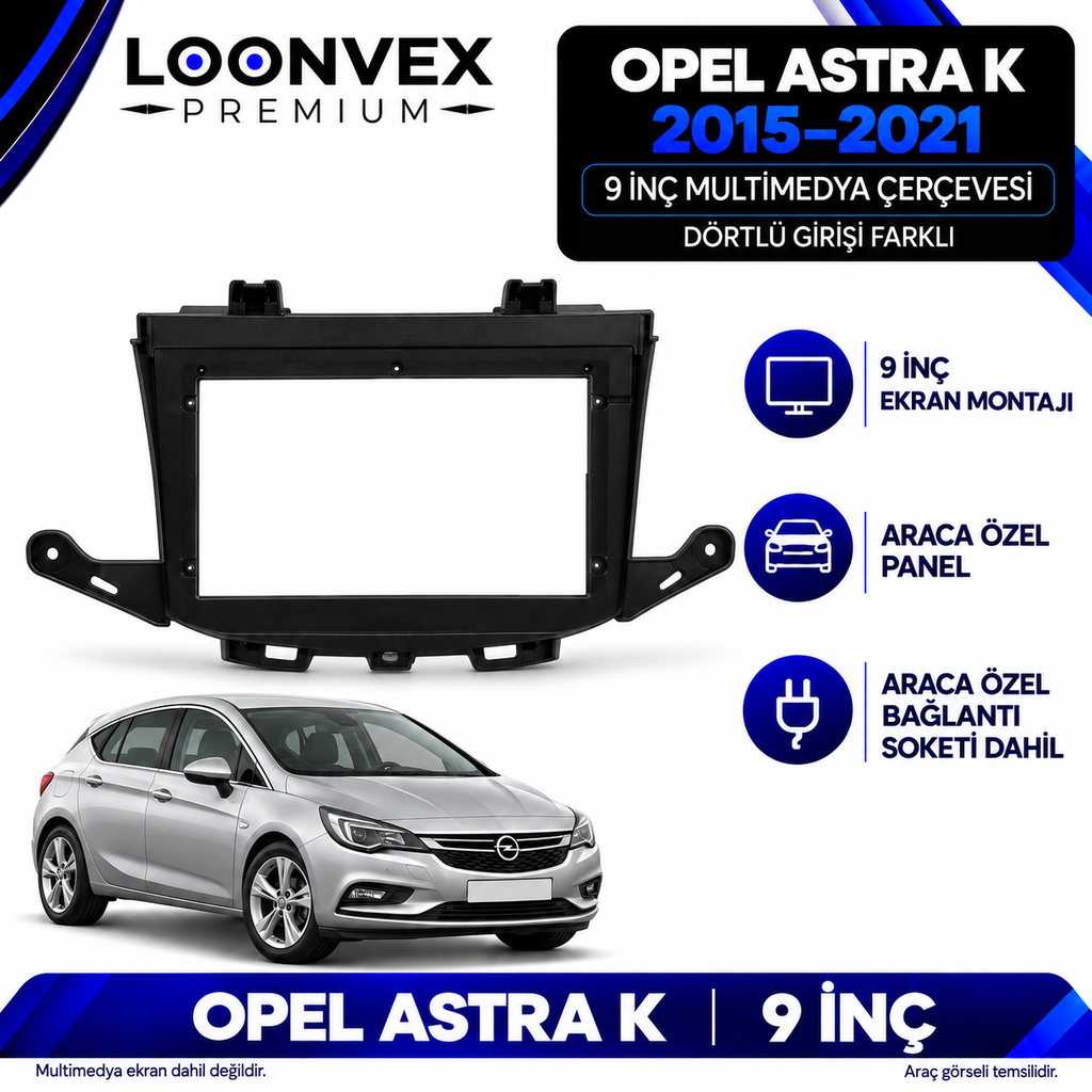 LOONVEX Opel Astra K 2015–2021 9 İnç Multimedya Çerçeve + Soket Seti — Dörtlü girişi farklı