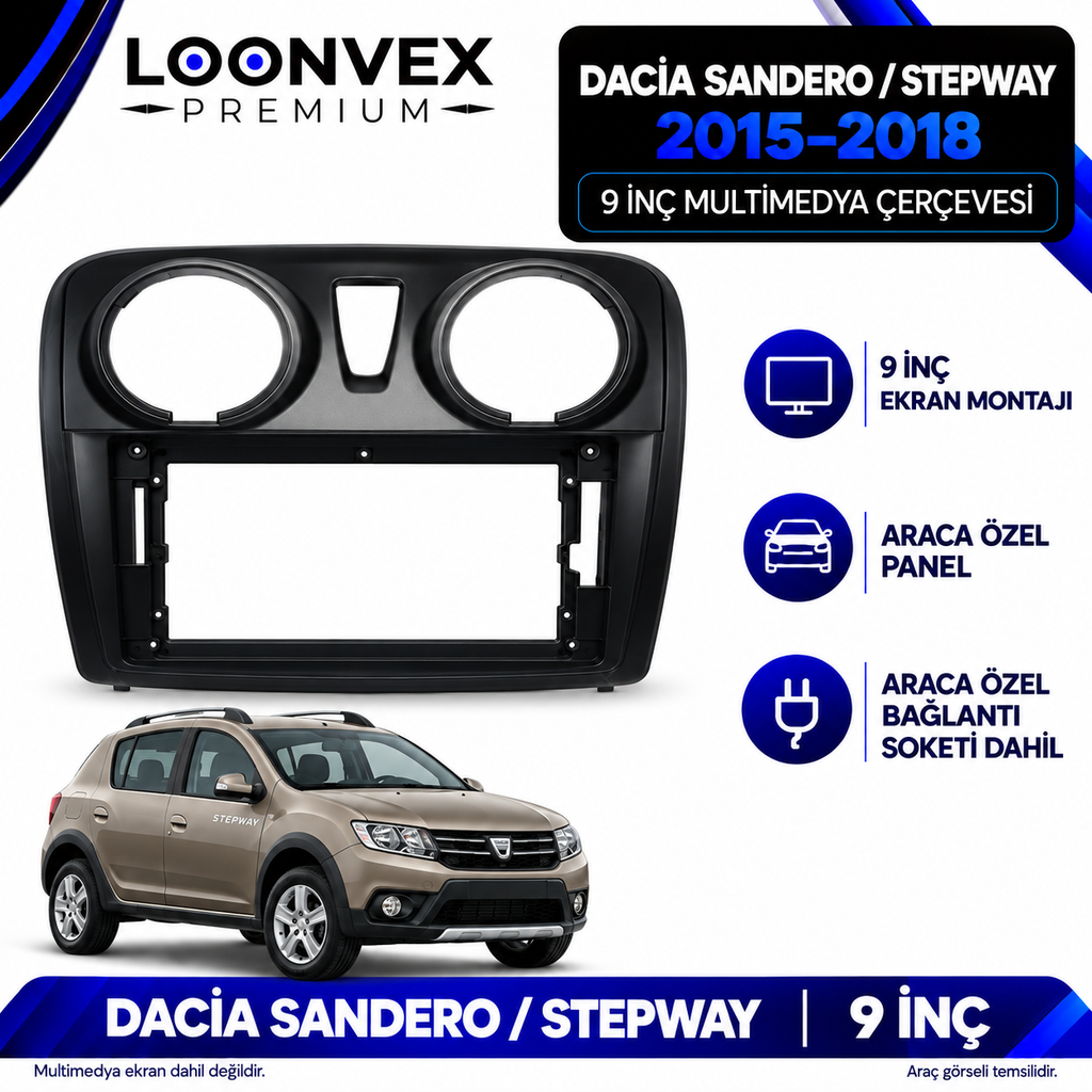LOONVEX Dacia Sandero ve Stepway 2015–2018 9 İnç Multimedya Çerçeve + Soket Seti
