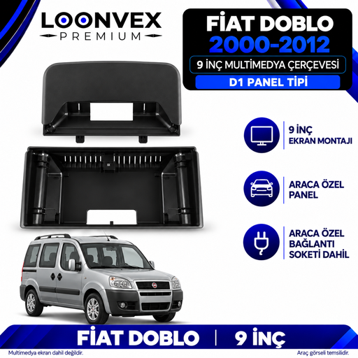 LOONVEX Fiat Doblo 2000–2012 9 İnç Multimedya Çerçeve + Soket Seti — D1 panel tipi