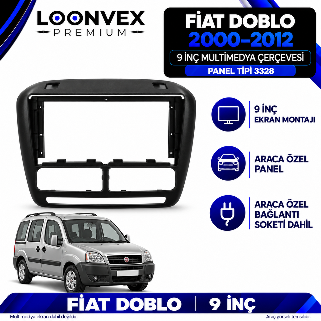 LOONVEX Fiat Doblo 2000–2012 9 İnç Multimedya Çerçeve + Soket Seti — Panel tipi 3328
