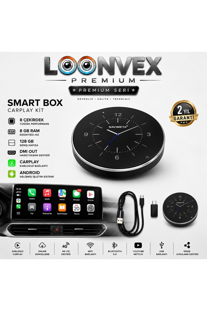 LOONVEX PREMIUM SMART BOX CarPlay Kiti | 8 Çekirdek | 8GB RAM | 128GB Hafıza | HDMI OUT | Android Sistem