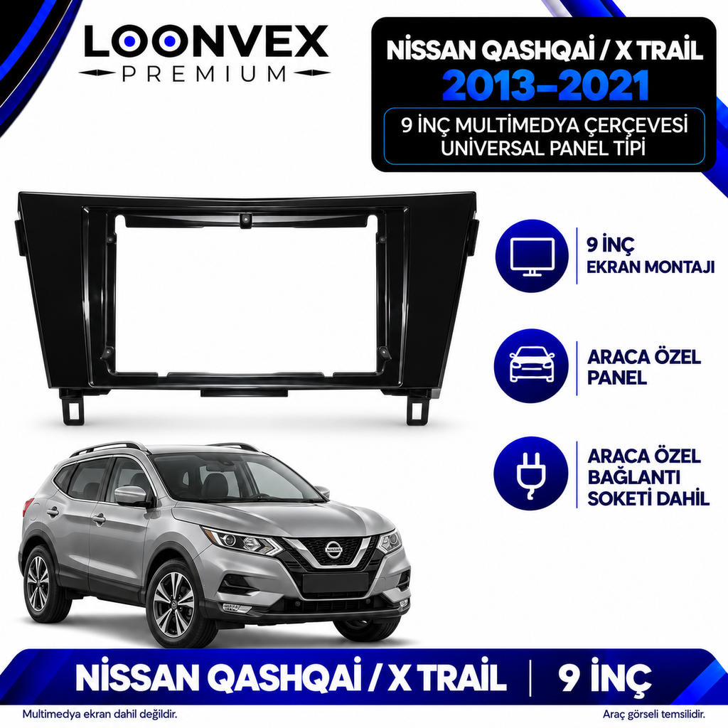 LOONVEX Nissan Qashqai ve X Trail 2013–2021 9 İnç Multimedya Çerçeve + Soket Seti — Universal panel tipi