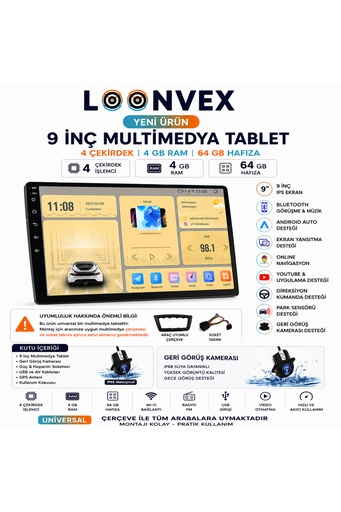 LOONVEX Premium 9 İnç Universal Multimedya Ekran 4 Çekirdek 4GB RAM 64GB Hafıza Geri Görüş Kameralı
