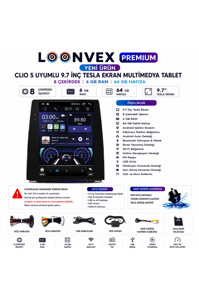 LOONVEX Premium Renault Clio 5 Icon Touch Joy Paket 9.7 İnç Tesla Multimedya Ekran 8 Çekirdek 6GB RAM 64GB Hafıza