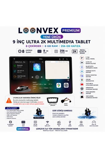 LOONVEX Premium LX925 9 İnç Incell Ultra 2K Multimedya Ekran 8 Çekirdek 8GB RAM 256GB Hafıza + Geri Görüş Kamerası