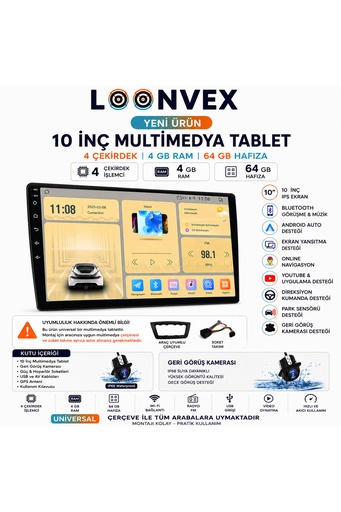 LOONVEX Premium 10 İnç Universal Multimedya Ekran 4 Çekirdek 4GB RAM 64GB Hafıza Geri Görüş Kameralı
